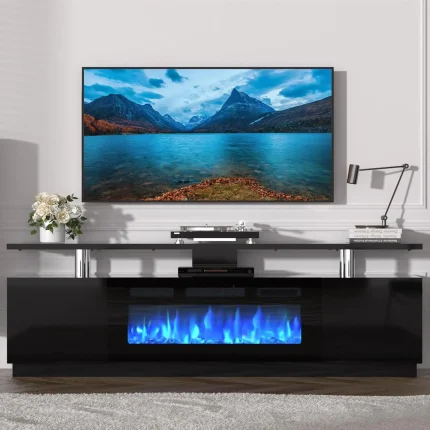 70in Fireplace TV Stand with 36in Electric Heater LED Lights 2 Storage Cabinets Living Room Bedroom, Customized