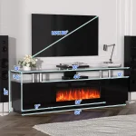 70in Fireplace TV Stand with 36in Electric Heater LED Lights 2 Storage Cabinets Living Room Bedroom, Customized 3