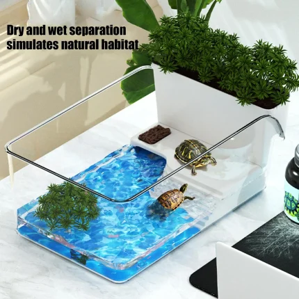 Turtle Tank with Basking Area, Transparent Reptile Terrarium Habitat for Pet Turtles, Hermit Crabs, Tortoise Adoption