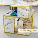 3-Tier Round Coffee Table with Storage, Modern Coffee Table for Living Room, Wooden Tabletop-Marble White with Gold Frame 5