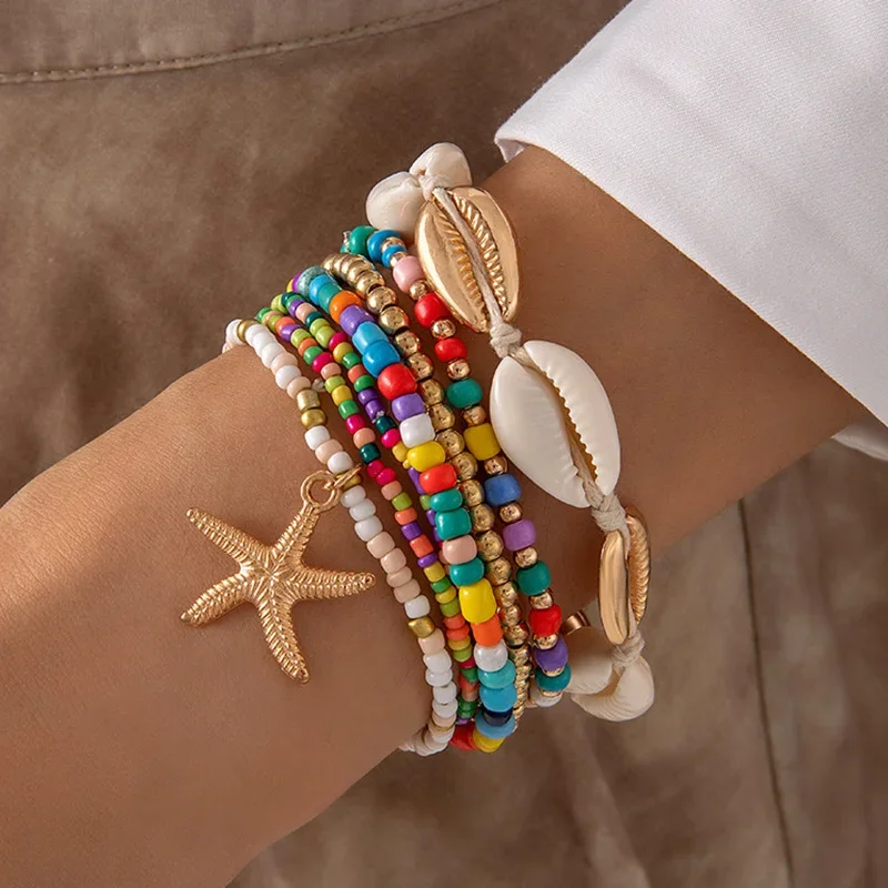 7Pcs Bohemian Shell Bracelet Set For Women Starfish Charm Rice Beads Wristband Bangle Girls Summer Beach Jewelry Accessories 7Pcs Bohemian Shell Bracelet Set For Women Starfish Charm Rice Beads Wristband Bangle Girls Summer Beach Jewelry Accessories
