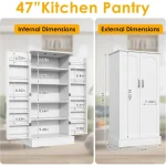 White Freestanding Kitchen Pantry Cabinet with Doors and Adjustable Shelves, Ideal for Living and Dining Rooms 5