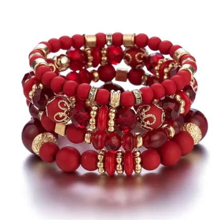 4Pcs Bohemia Acrylic Beaded Bracelet Set For Women Solid Heart Charm Elastic Chain Bangle Men Retro Daily Wear Jewelry Gift