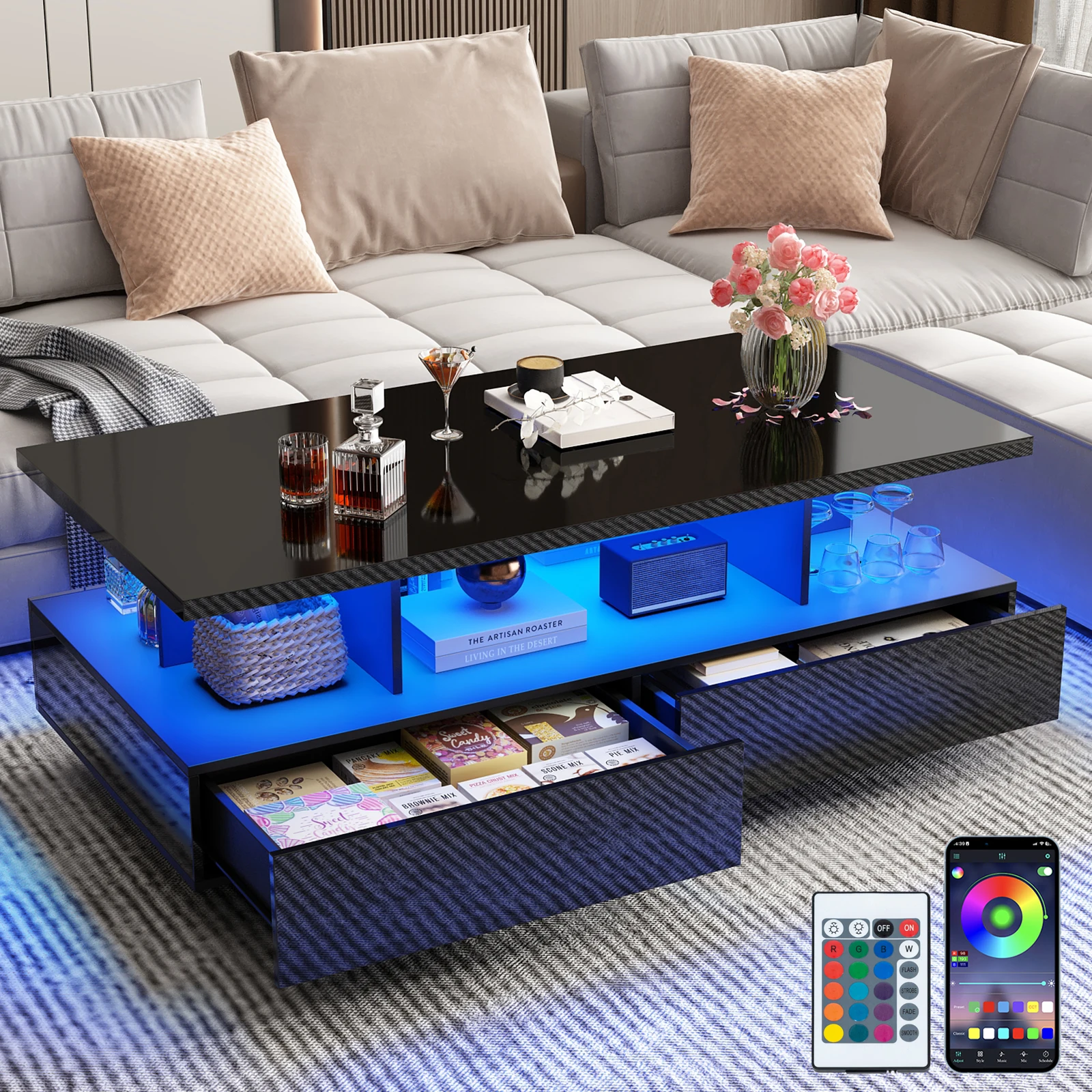 43 Inch LED Coffee Table w/2 Storage Drawers, Modern High Gloss Coffee Table w/Display Shelf, Rectangle 2-Tier Center Table 43 Inch LED Coffee Table w/2 Storage Drawers, Modern High Gloss Coffee Table w/Display Shelf, Rectangle 2-Tier Center Table