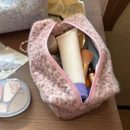 Cute Plush Leopard Travel Cosmetic Lipstick Brush Portable Storage Bag Women Makeup Handbags Wallet Pouch Make Up Bags Organizer