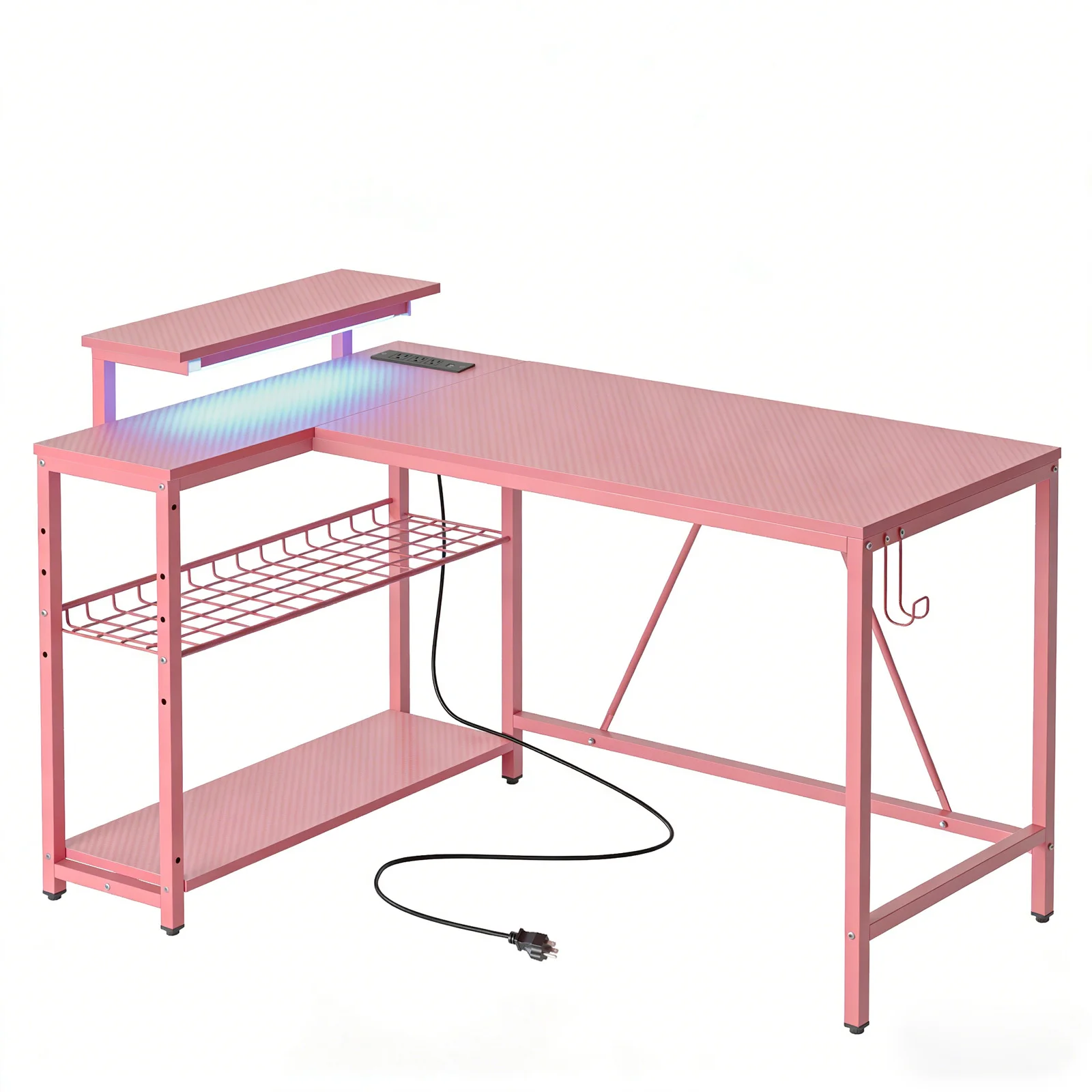 NOST&HOST Pink L Shaped Gaming Desk LED Power Outlets,42" Corner Computer Desk Reversible Shelves Hooks Home Office Bedroom Desk NOST&HOST Pink L Shaped Gaming Desk LED Power Outlets,42" Corner Computer Desk Reversible Shelves Hooks Home Office Bedroom Desk