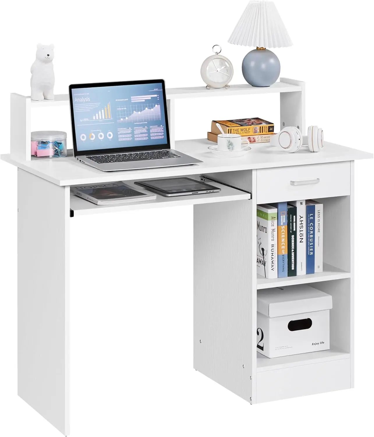 Home Office Wood Computer Desk with Keyboard Tray and Drawers, Students Writing Table with Storage Drawers & Hutch, Home Office Wood Computer Desk with Keyboard Tray and Drawers, Students Writing Table with Storage Drawers & Hutch,