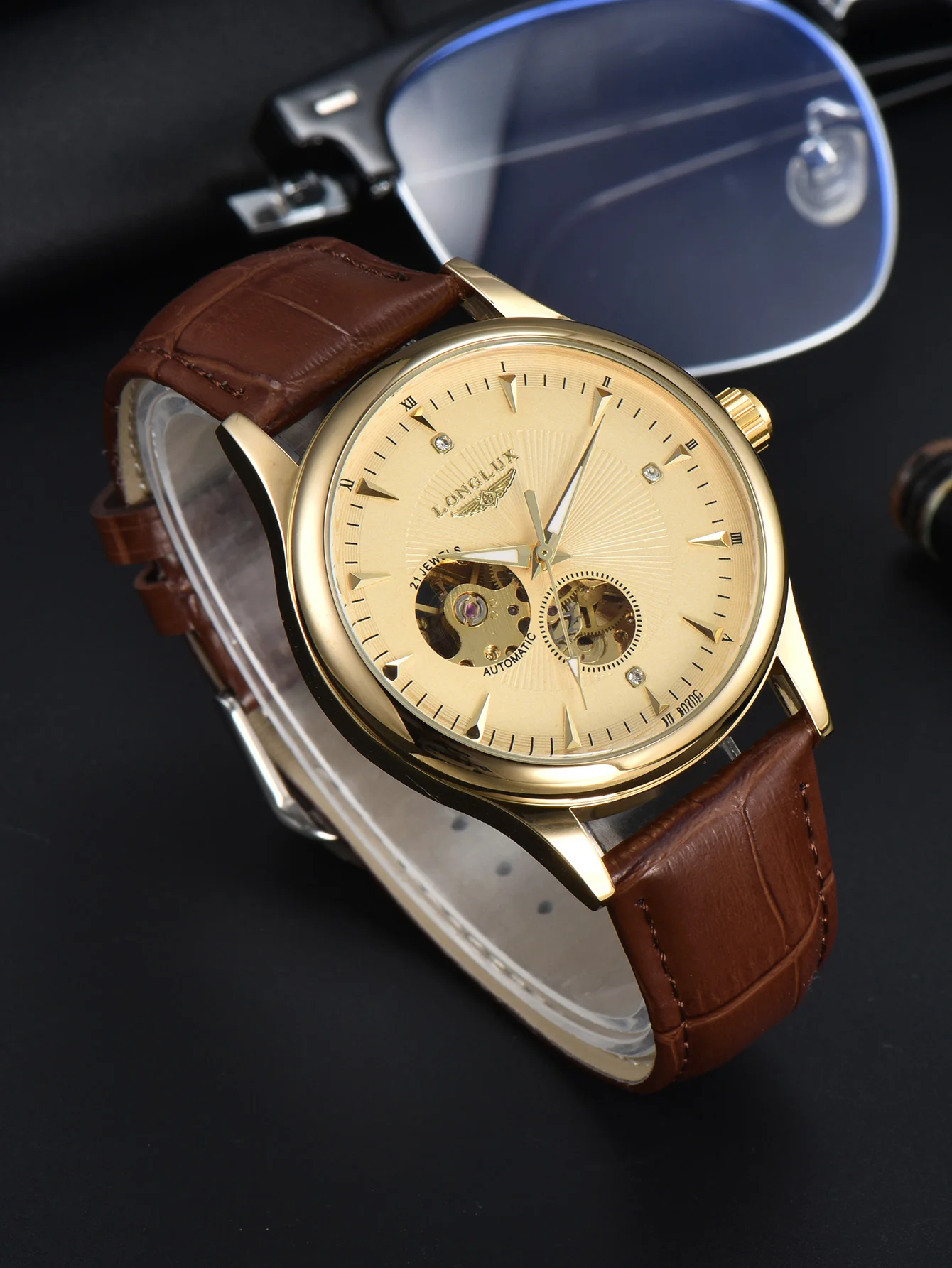 LONGLUX automatic watch elegant style wholesale mechanical wristwatches skeleton rome waterproof mens watch men gift LONGLUX automatic watch elegant style wholesale mechanical wristwatches skeleton rome waterproof mens watch men gift