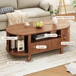 Oval Coffee Table, 47 Inch Fluted Coffee Tables with Cabinets & Sliding Doors, Mid-Century Modern Center Table with Storage 4
