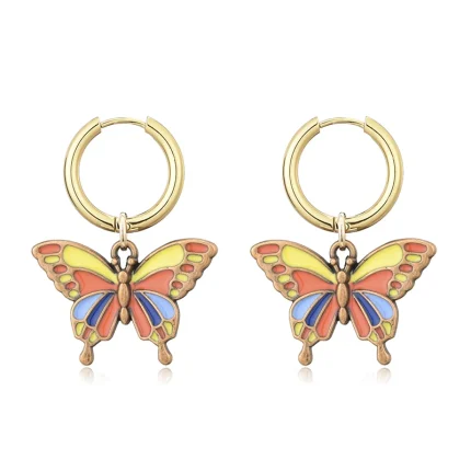 Boho Retro Cute Sweet Colorful Butterfly Pendant Earrings Woman Stainless Steel Gold Color Hoop Earrings Girls Fashion Jewelry
