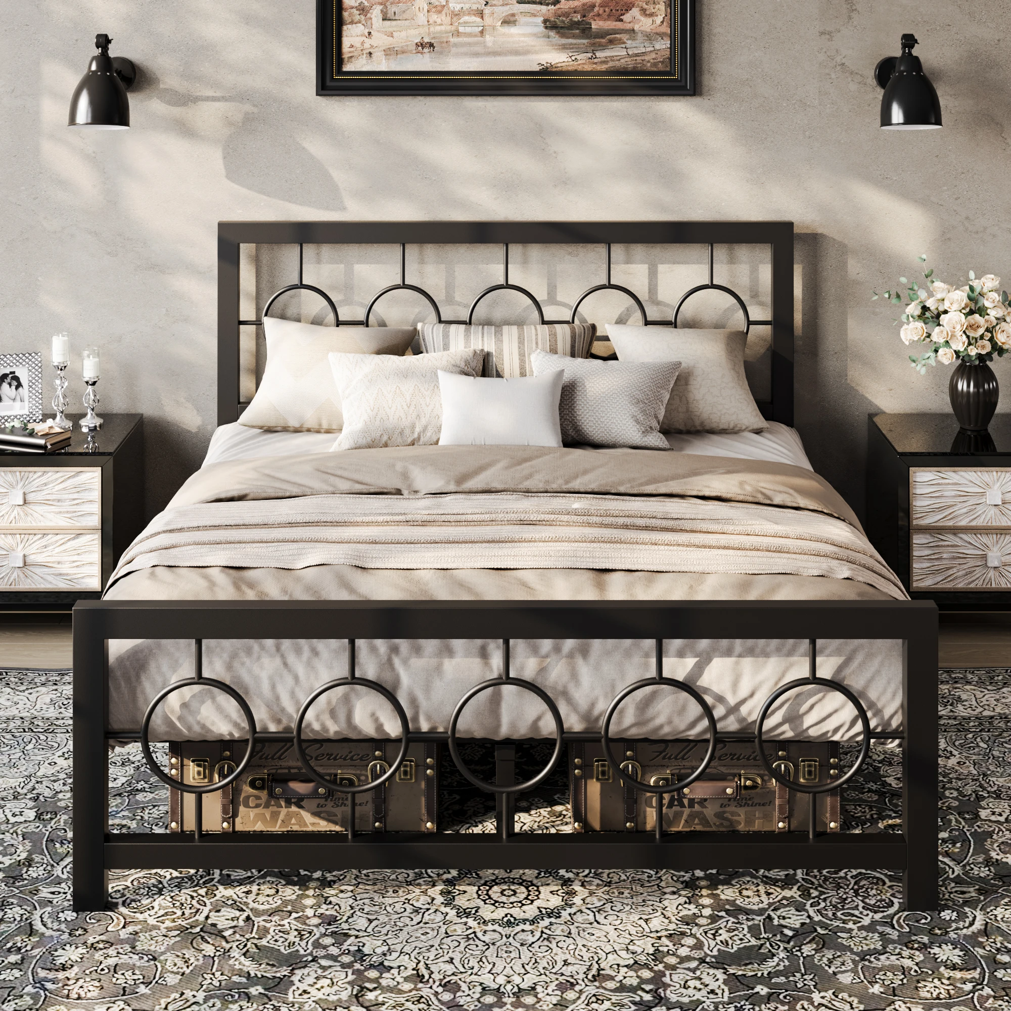 HOOMIC Metal Platform Bed Frame with Vintage Circular Design Headboard and Footboard, Extra Under-Bed Storage Allewie HOOMIC Metal Platform Bed Frame with Vintage Circular Design Headboard and Footboard, Extra Under-Bed Storage Allewie