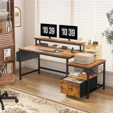 57" Office Desk with Drawers and Printer Space,Computer Desk with Power Outlets,Home Office Desks with File Drawers, Customized