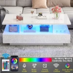 43 Inch LED Coffee Table w/2 Storage Drawers, Modern High Gloss Coffee Table w/Display Shelf, Rectangle 2-Tier Center Table 3