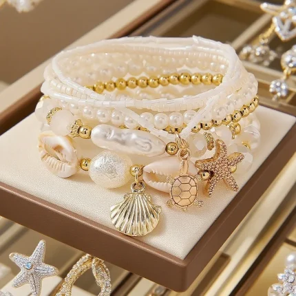 7-Piece Beach Bracelet Set: Ocean Bohemian Style, Shell, Starfish, and Pearl Pendant Bracelet, Suitable for Beach Vacations and