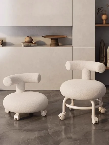 Small Household Pulley Low Stool with Wheels, Children's Chair, Backrest, Round, Living Room Bench, Shoe Stool