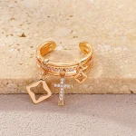 Nwe 18 K Gold Plated Sun Rings for Women Natural Stone Inlaid in Hollow Metal Texture Ring Trendy Jewelry 6