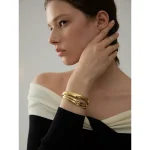 Yhpup 60mm Waterproof 316L Stainless Steel Round Smooth Bracelet Bangle Women Minimalist 18k Gold Color Texture Charm Jewelry 2