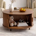 Round Coffee Table with Storage,31.5" Modern Coffee Table with 360° Curved Sliding Door,Fluted Wood Accent Coffee Tablee 6