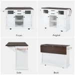 Rolling Kitchen Island On 4 Wheels With Drop Leaf, Power Outlet, Cross Barn Doors & Visual Glass Door For Kitchen, Dining Room 5