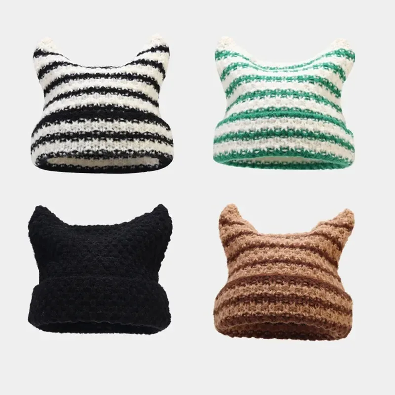 New Japanese Streetwear Harajuku Beanie Little Devil Striped Knitted Hat Women Girls Autumn Winter Cute Cat Ears Cap New Japanese Streetwear Harajuku Beanie Little Devil Striped Knitted Hat Women Girls Autumn Winter Cute Cat Ears Cap