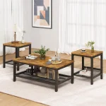 3 Piece Industrial Coffee Table Set with 2 End Tables Metal Frame Living Room Apartment Home Office Brown, Customized