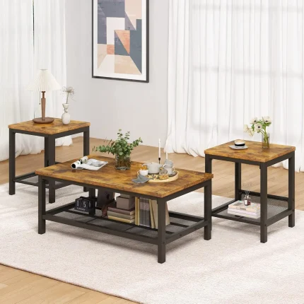 3 Piece Industrial Coffee Table Set with 2 End Tables Metal Frame Living Room Apartment Home Office Brown, Customized