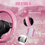 24 PCS Pink Bling Diamond Accessories Set for Women Leather Seat Covers 15'' Steering Wheel Cover Shining Rhinestone Sparkly Ho 4