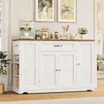 47'' White Rolling Kitchen Island with Storage & Adjustable Shelves, Mobile Dining Cart 2