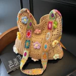 Women's Boho Crochet Bag Designer Flowers Knitted Handbags Large Capacity Summer Beach Woven Shoulder Bag Girls Tote Shopper Bag 6