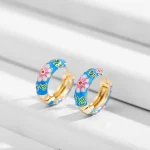 Vintage Enamel Flowers Cute Huggies Hoop Earrings for Women Classic Colorful Engraved Round Circle Ear Buckle Retro Brincos 4