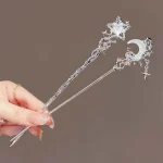Vintage Moonstone Star Moon Hair Sticks for Women Chinese Style Cross Tassel Hairpin Disk Hair Chopsticks Hair Accessories 2