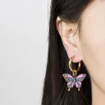Boho Retro Cute Sweet Colorful Butterfly Pendant Earrings Woman Stainless Steel Gold Color Hoop Earrings Girls Fashion Jewelry 5