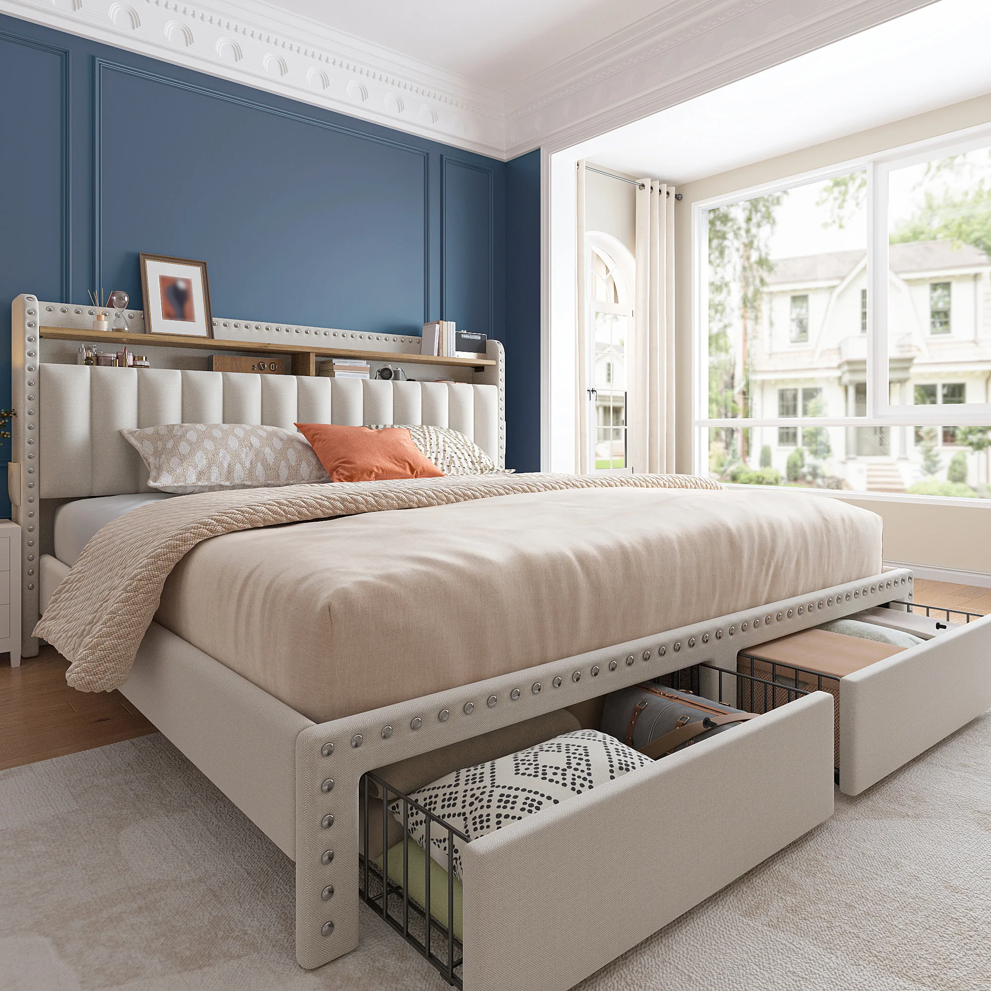 Full/Queen/King Bed Frame with 2-Tier Storage Headboard & 2 Storage Drawers Upholstered Platform Bed Frame No Box Spring Needed Full/Queen/King Bed Frame with 2-Tier Storage Headboard & 2 Storage Drawers Upholstered Platform Bed Frame No Box Spring Needed
