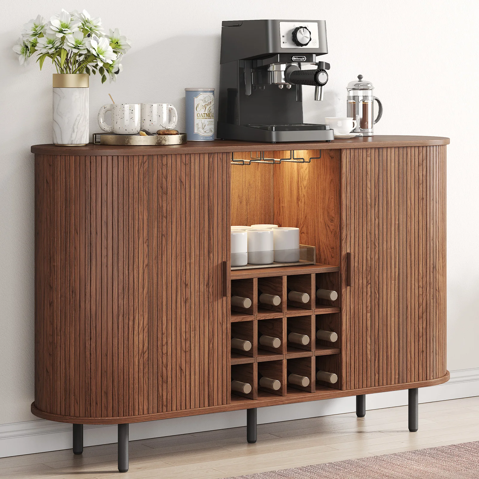Wine Bar Cabinet w/ LED Light,Liquor Cabinet for Home,Coffee Bar Cabinet w/ Wine Rack & Glass Holder,Walnut Buffet Sideboard Wine Bar Cabinet w/ LED Light,Liquor Cabinet for Home,Coffee Bar Cabinet w/ Wine Rack & Glass Holder,Walnut Buffet Sideboard