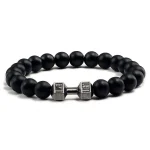 Natural Volcanic Stone Bracelet Men Matte Black Lave White Beads Charm Dumbbell Strand Bracelets Women Barbell Fitness Jewelry 2