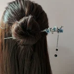 Classic Hair Stick Chopsticks Ink Color Flower Metal Fringe Hairpin For Women Pearl Black Beads Cheongsam Hair Bun Jewelry Gifts 2