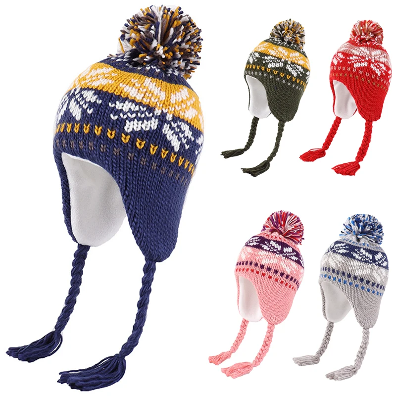 Multi Stripe Snowflake Knit Pom Handmade Winter Warm Beanie Kids Chullo Xmas Fleece Lined Ski Trapper Hat Toque with Ear Flaps Multi Stripe Snowflake Knit Pom Handmade Winter Warm Beanie Kids Chullo Xmas Fleece Lined Ski Trapper Hat Toque with Ear Flaps