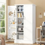 White Freestanding Kitchen Pantry Cabinet with Doors and Adjustable Shelves, Ideal for Living and Dining Rooms 3
