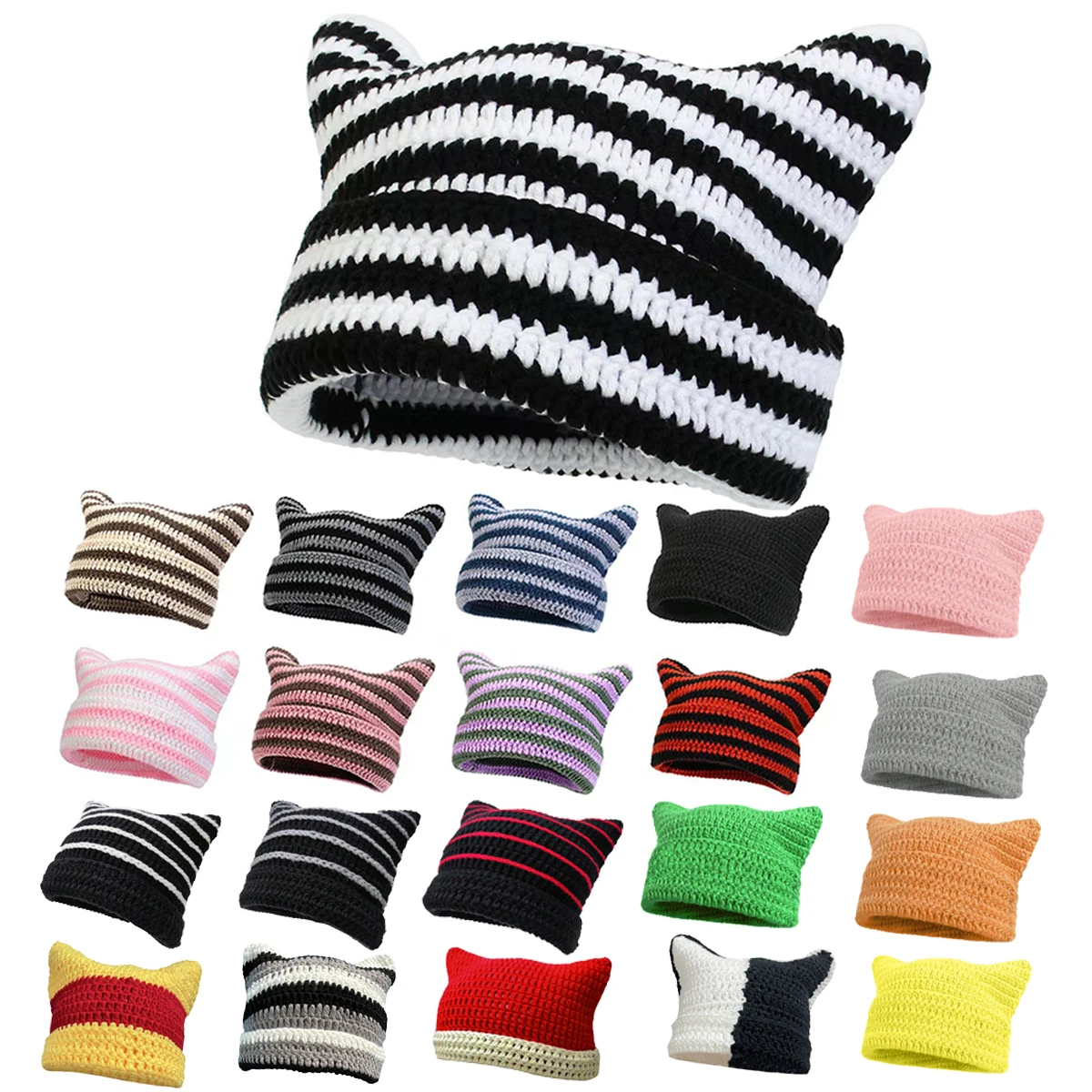 Corchet Cute Cat Ears Beanie Hat for Women Winter Striped Korean Fashion Y2K HipHop Cosplay Knitted Streetwear Men Skullies Corchet Cute Cat Ears Beanie Hat for Women Winter Striped Korean Fashion Y2K HipHop Cosplay Knitted Streetwear Men Skullies