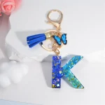 26 English Alphabet Letter Tassels Keychain Crystal Acrylic Butterfly Pendent Key Chain Women Gift Fashion Jewelry Accessories 3