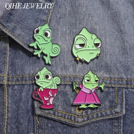 Princess Chameleon Lizard Enamel Pins Funny Cartoon Fairy Tale Role Brooch Backpack Lapel Badges Animal Jewelry Gift for Friends