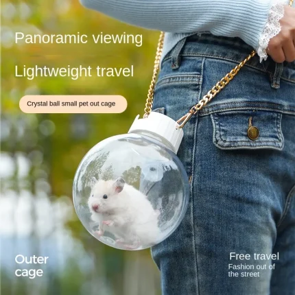Transparent Sphere Pet Carrier with Gold and White Straps Portable Outdoor Breathable Travel Carrier for Hamster Guinea Pig Rept