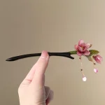 Floral Hair Stick Chinese Style Hairpin, Pink Flower Tassel Retro Traditional Hanfu Elegant Hair Accessory For Women Daily Party 5