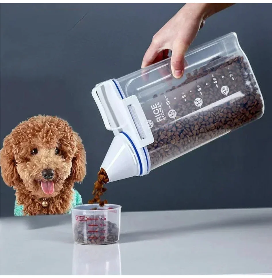 1.5kg/2kg Dog Cat Food Pail Plastic Storage Tank with Measuring Cup Container Moisture-proof Sealed Jar Pet Supplies Accessories 1.5kg/2kg Dog Cat Food Pail Plastic Storage Tank with Measuring Cup Container Moisture-proof Sealed Jar Pet Supplies Accessories