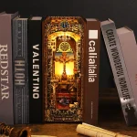 DIY Book Nook Shelf Insert Kit 3D Wooden Puzzle Doll House Assembly Building Model Bookends With Furniture LED Light Xmas Gifts 5