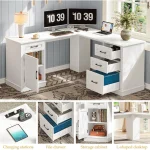 L-Shaped Executive Desk with Drawers, Charging Station, Storage, Rustic Cream White Home Office Desk 5