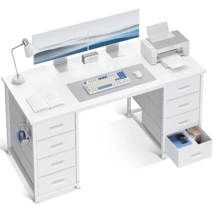 48 Inch White Computer Desk with 8 Fabric Drawers for Modern Home Office Study and Gaming Setup Featuring Large Storage Capacit