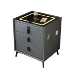 Luxurious Solid Wood Nightstand Three-Drawer Smart Bedside Table Compact Bedroom Leather Accents Integrated Wireless Charging 5