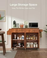 Kitchen Island with Drop Leaf and Storage, on Wheels Two Drawers, Large Storage Cabinet, Towel Rack Spice Cart Brown 3