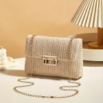 Woven Straw Handwoven Women's Shoulder Bag, Fashion Solid Color Crossbody Purse with Lock Closure 2
